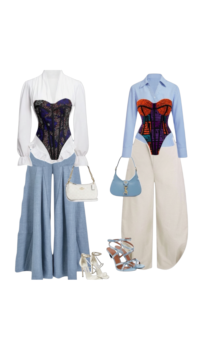 Two mannequins dressed in fashion-forward outfits featuring colorful corsets, blouses, wide-leg pants, and high heels, each holding a small handbag.