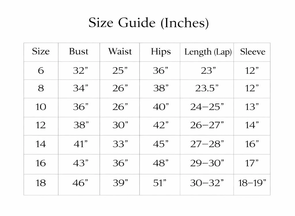 A size chart titled 'Size Guide (Inches)' with columns for Size, Bust, Waist, Hips, Length (Lap), and Sleeve measurements, listing sizes 6 through 18.