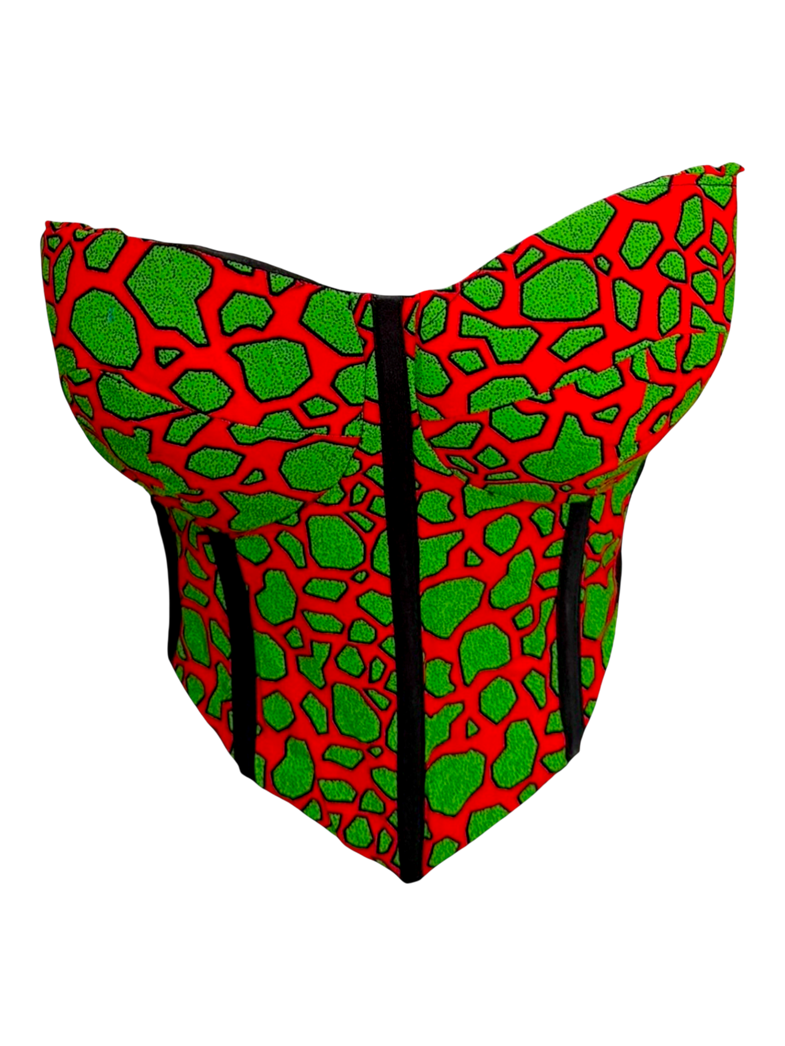 Pistachio red Ankara capped sleeve corset top in 100% cotton wax fabric with structured boning, front view, sleeves are tucked in for sleeveless look.