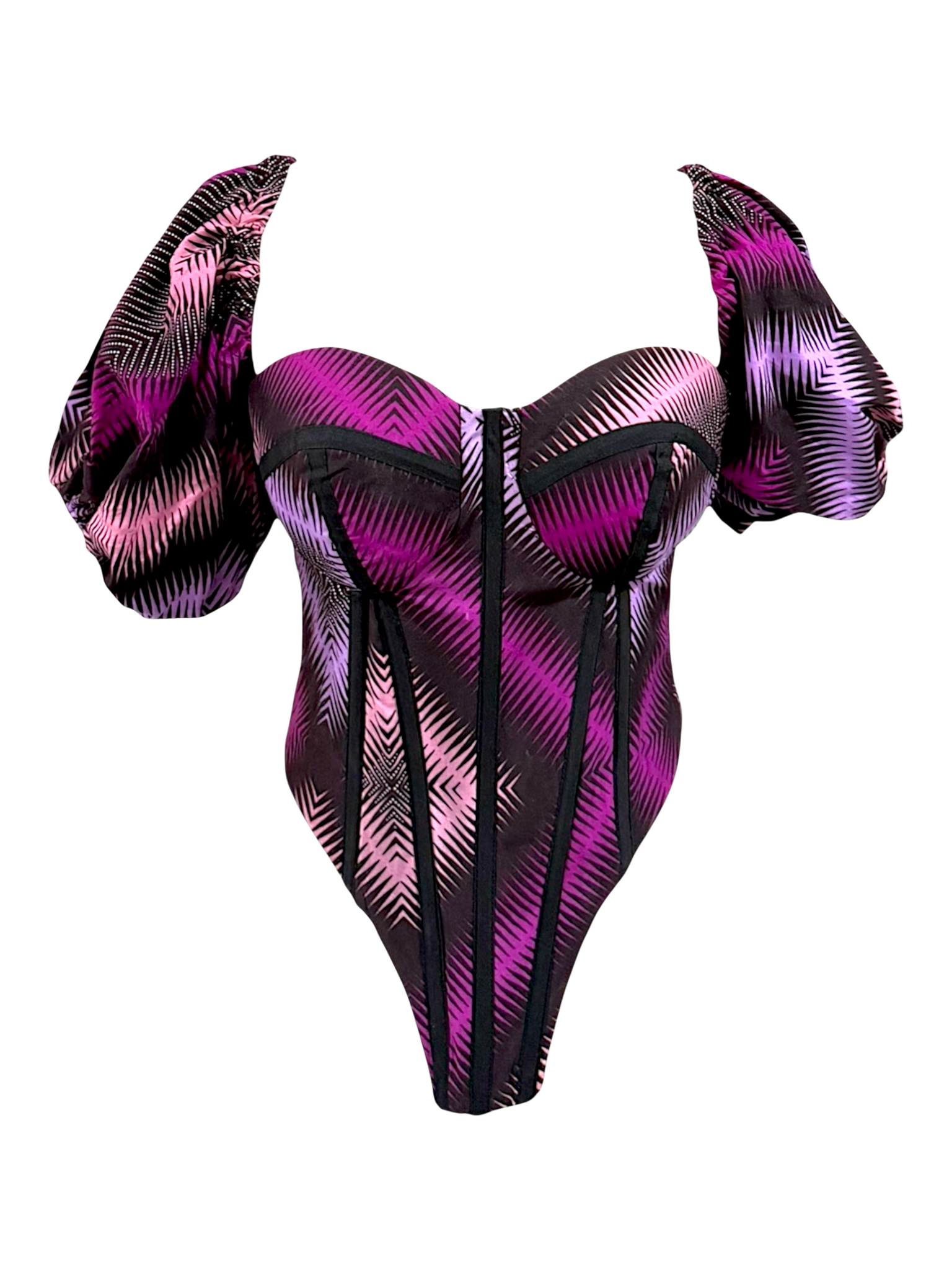 Lavender purple Ankara corset top with attached capped sleeves in 100% cotton wax fabric with structured boning, front view