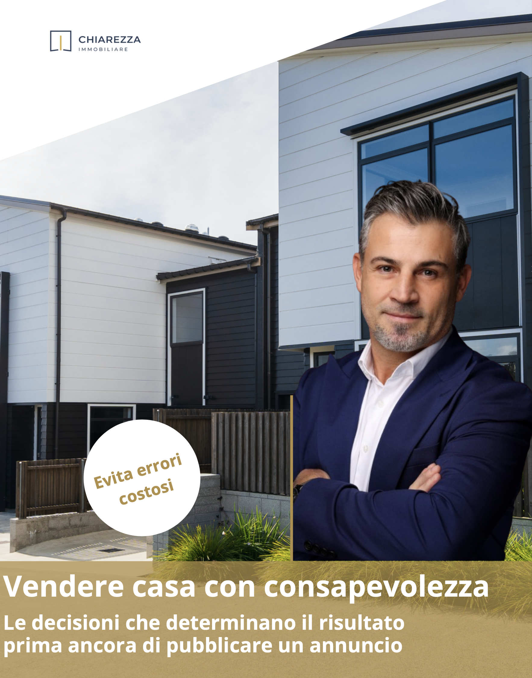 Pilastro con testo pubblicitario su vendere casa, con immagine di casa moderna e uomo d'affari quadrato e serio, con sfondo di case moderne.
