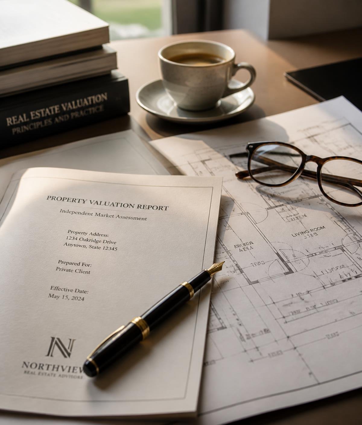 Rapporto di valutazione immobiliare con planimetria, occhiali, una penna, un tazza di caffè, alcuni libri e documenti sul tavolo.