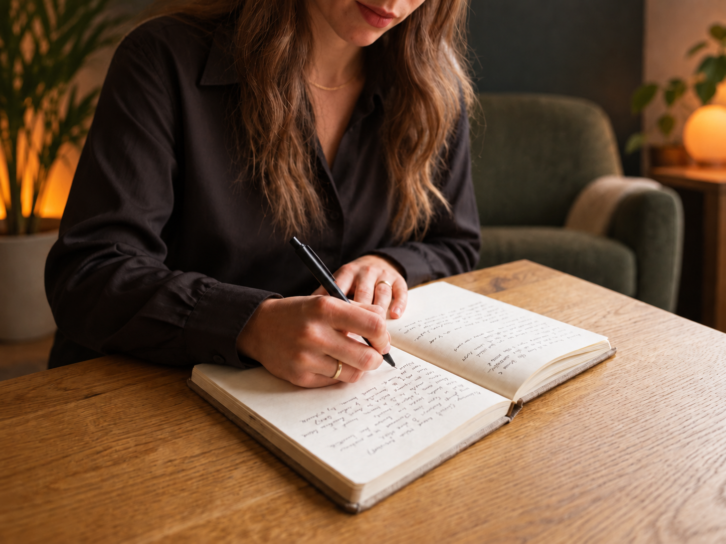 Sara writing in an open notebook while seated at a wooden table.