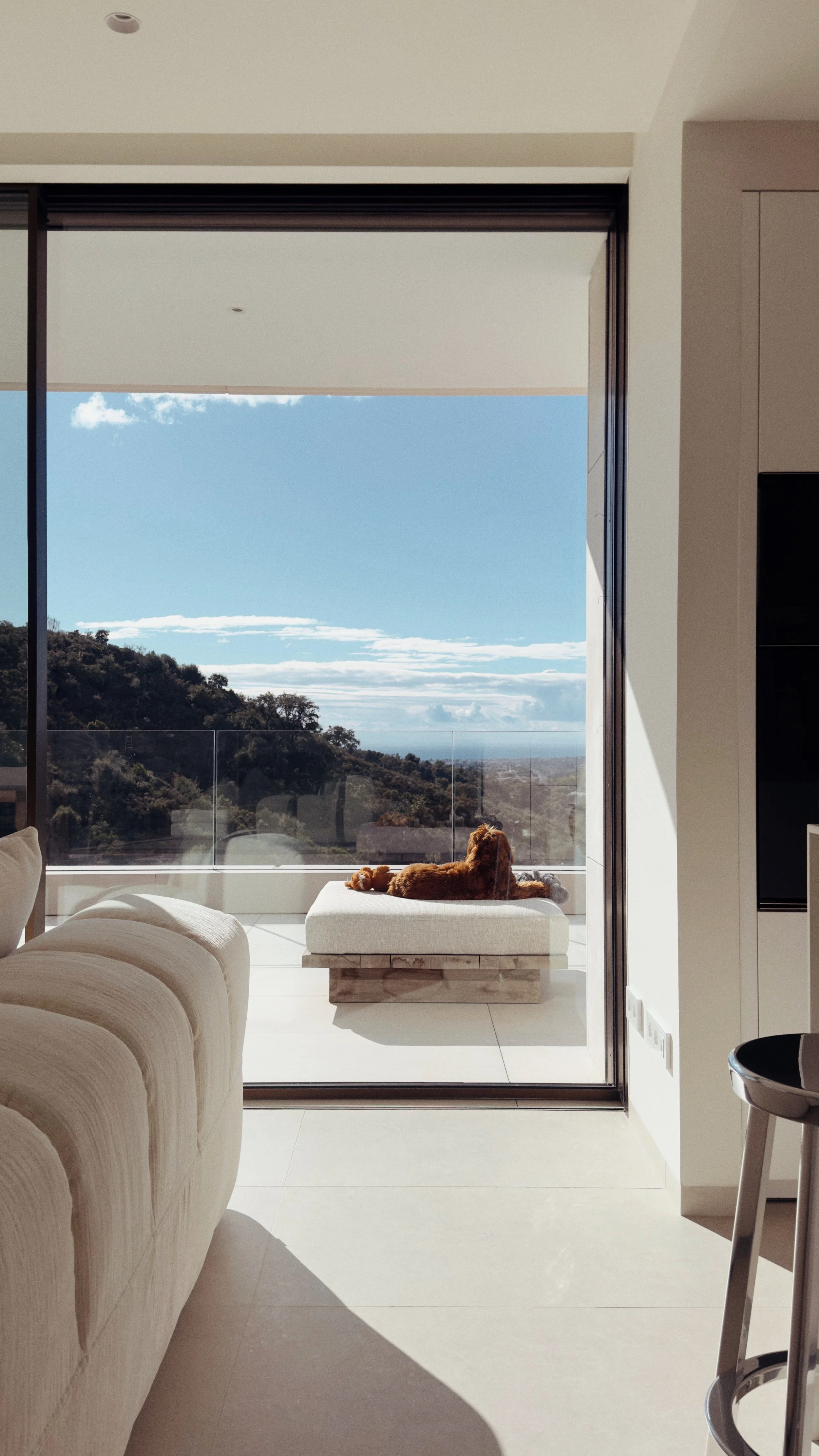 Un chien de couleur marron repose sur un lit à l'extérieur, face à une vue panoramique de montagnes et un ciel bleu clair avec quelques nuages, à travers une grande baie vitrée dans un intérieur moderne.