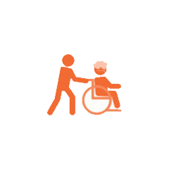 Icon of a person pushing a wheelchair with a seated person.