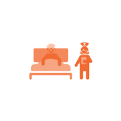 A doctor wearing scrubs standing next to a patient lying in a hospital bed with medical equipment.