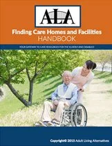 Book cover titled 'Finding Care Homes and Facilities Handbook' with an orange header, showing an elderly woman in a wheelchair talking to a caregiver outdoors under a tree.