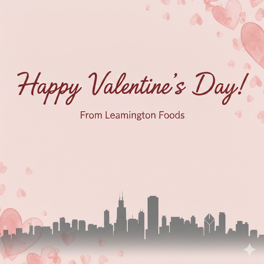 Valentine's Day greeting card with pink background, hearts, and a city skyline at the bottom, reading 'Happy Valentine's Day! From Leamington Foods'.