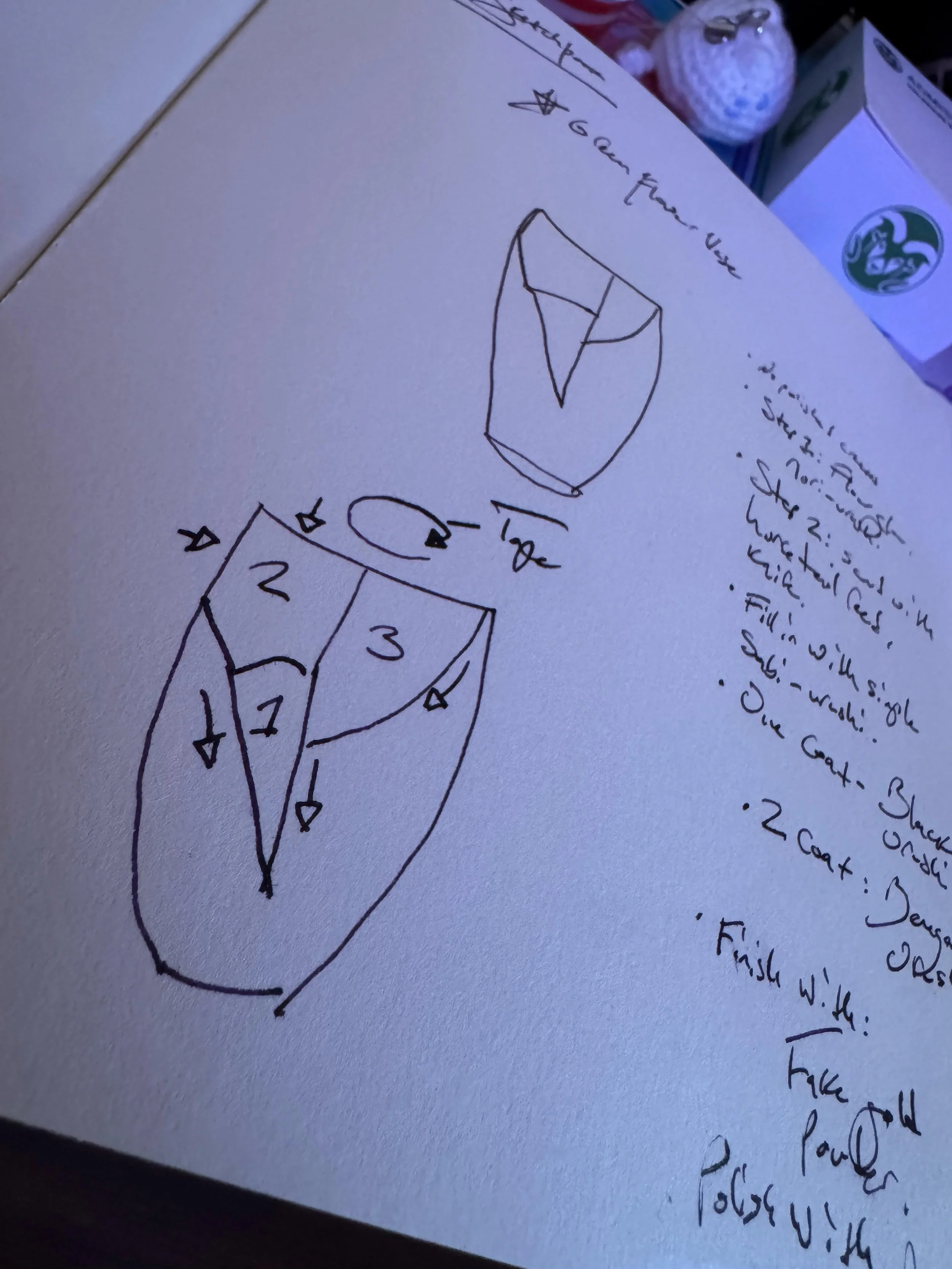 Handwritten notes with sketches of a wrapping technique and a decorative box, along with instructions for wrapping, on a piece of paper.