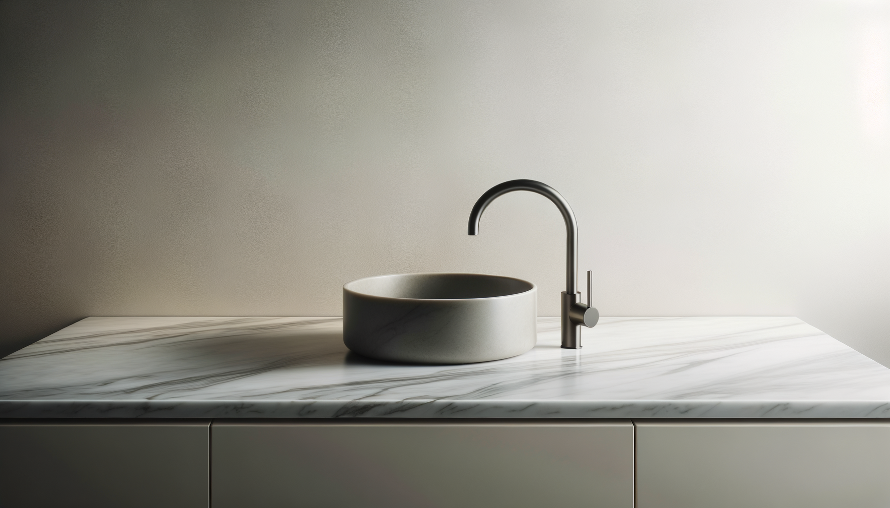 A minimalist bathroom vanity with a white marble countertop, a round stone vessel sink, and a tall curved metallic faucet, set against a plain off-white wall.