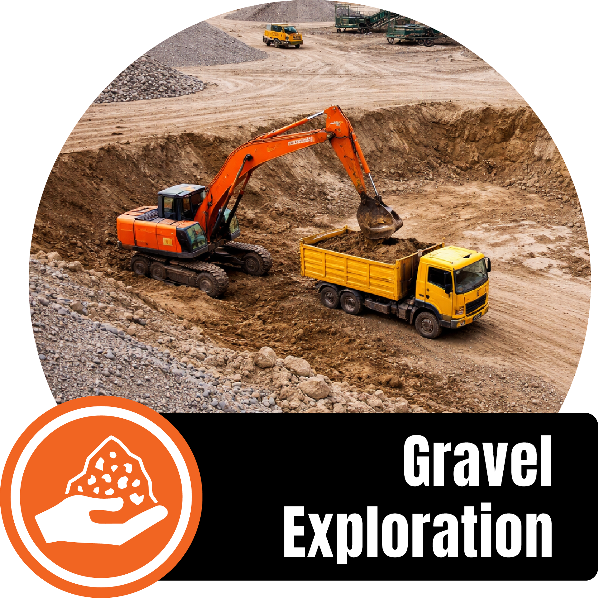 Construction site with an orange excavator filling a yellow dump truck with gravel on a dirt road, with rocks and construction vehicles in the background.