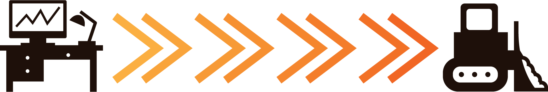 Graphic showing a desk icon on the left, a series of arrows pointing towards right, leading to a bulldozer icon.