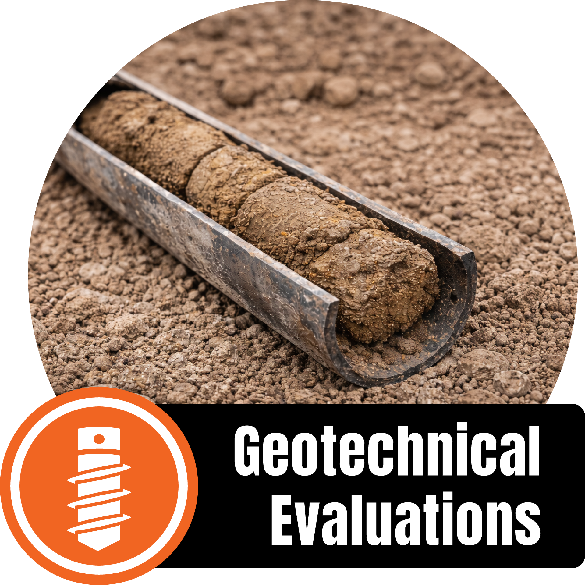 A geotechnical testing tube filled with soil samples on a dirt surface, with an orange and white logo of a screw and the text "Geotechnical Evaluations".