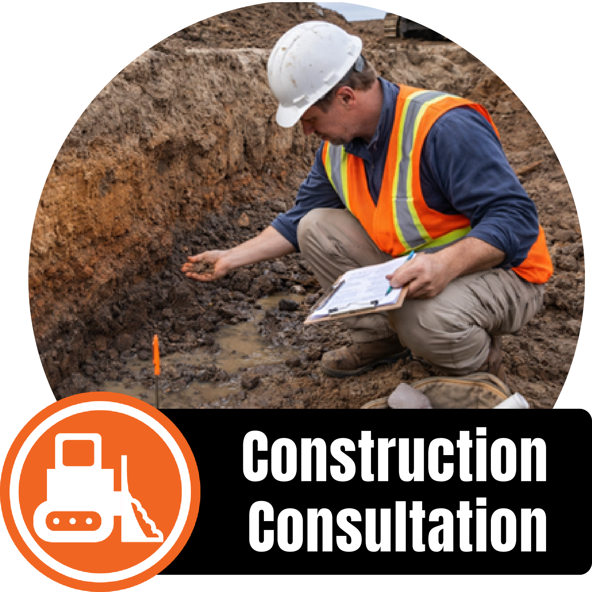 A construction worker in a hard hat and safety vest kneeling down on a muddy construction site, inspecting the ground with a clipboard in hand, during a construction consultation.