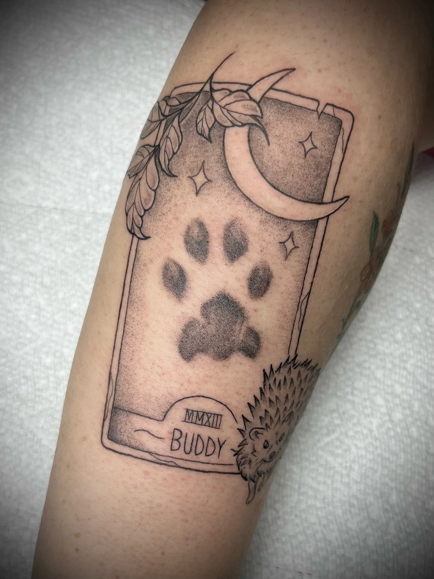 Memorial tattoo for a sweet dog and his favorite hedgehog 🐾

Thank you for the trust with this special piece 🖤

Made @intricateinktattoo 
DM @linztattoos to book

Thanks for looking