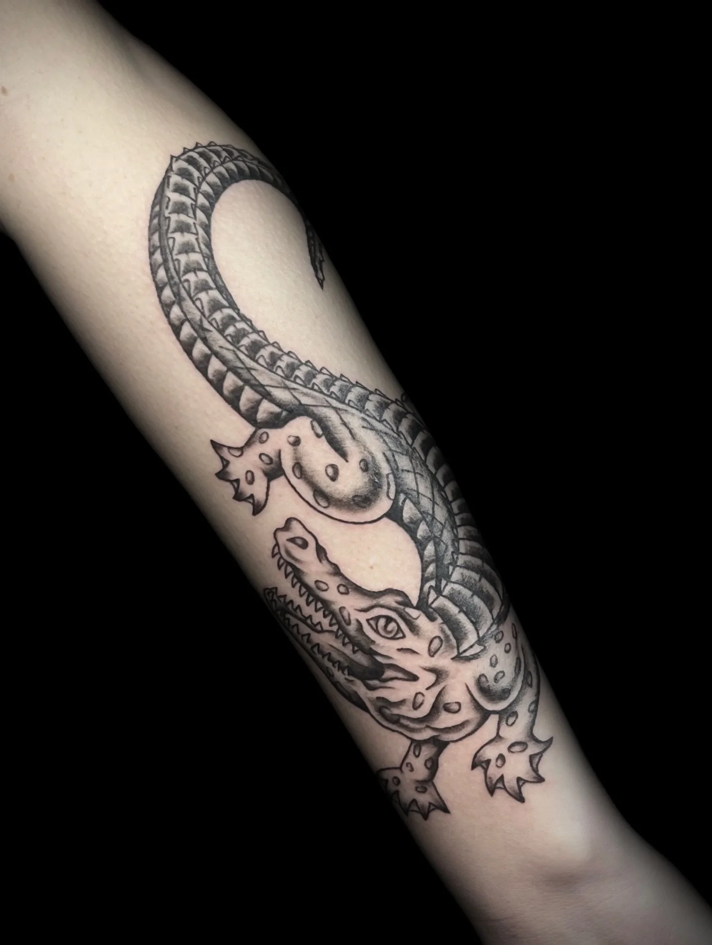 Black and grey traditional GATOR 🐊

Thank you so much 🐸

Y&rsquo;all know I love gators
and am always down for more !!

DM to book
or fill out the form in my bio

Located @hiddenvibes_tattoo 
in Cambridge MA

Thanks for lookin&rsquo; 🖤