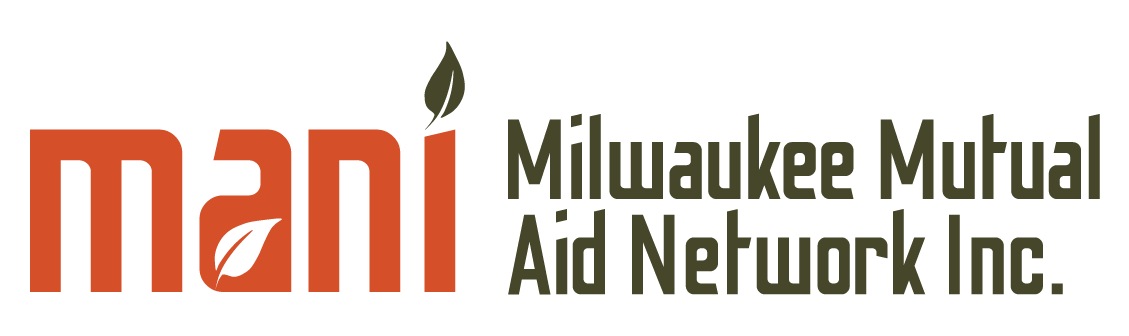 Logo of Milwaukee Mutual Aid Network Inc., featuring the word 'mani' in orange with a green leaf on the 'i', and the full name on the right in black text.
