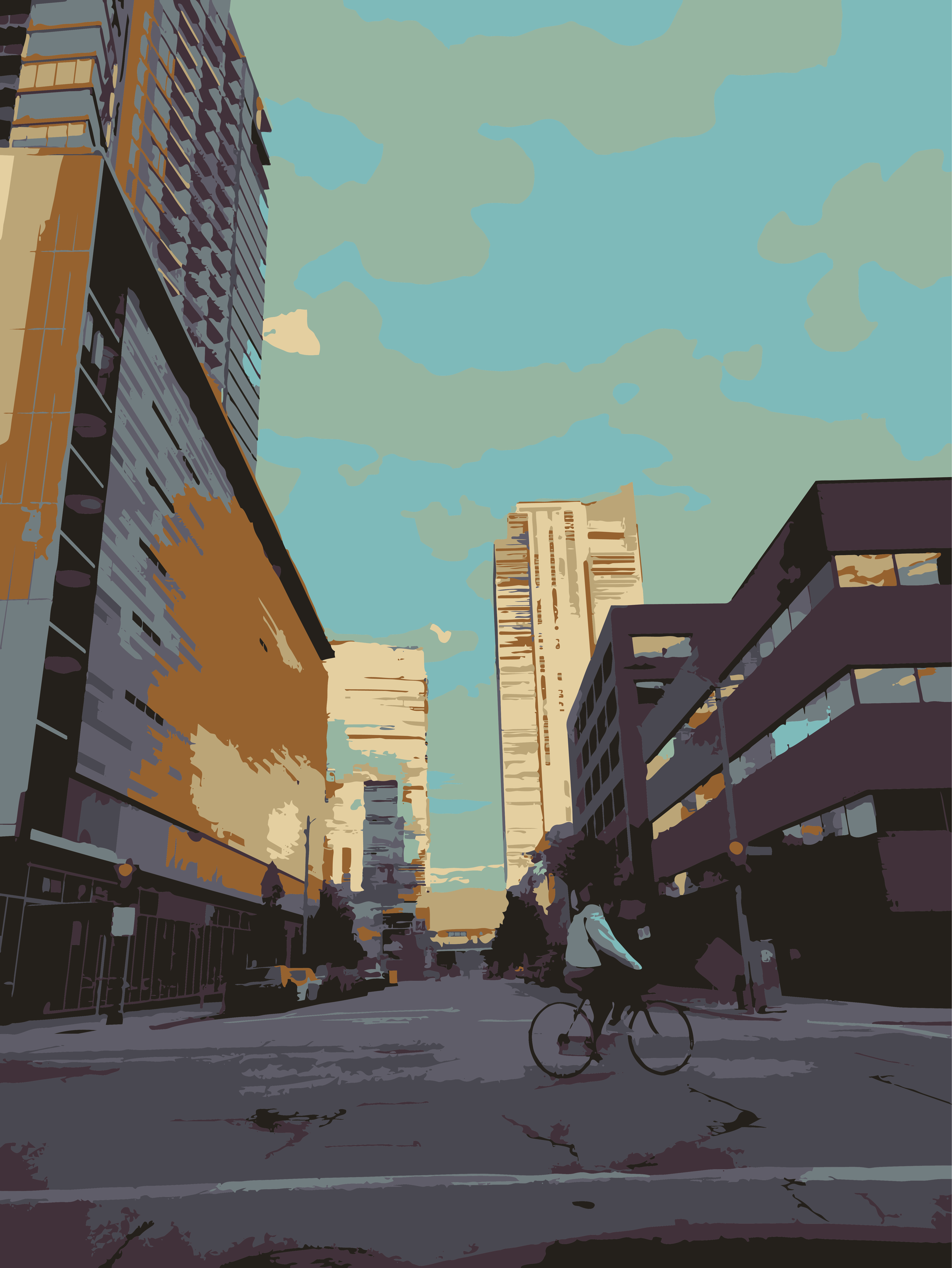 A city street scene with tall buildings, a cyclist crossing the street, and a partly cloudy sky.