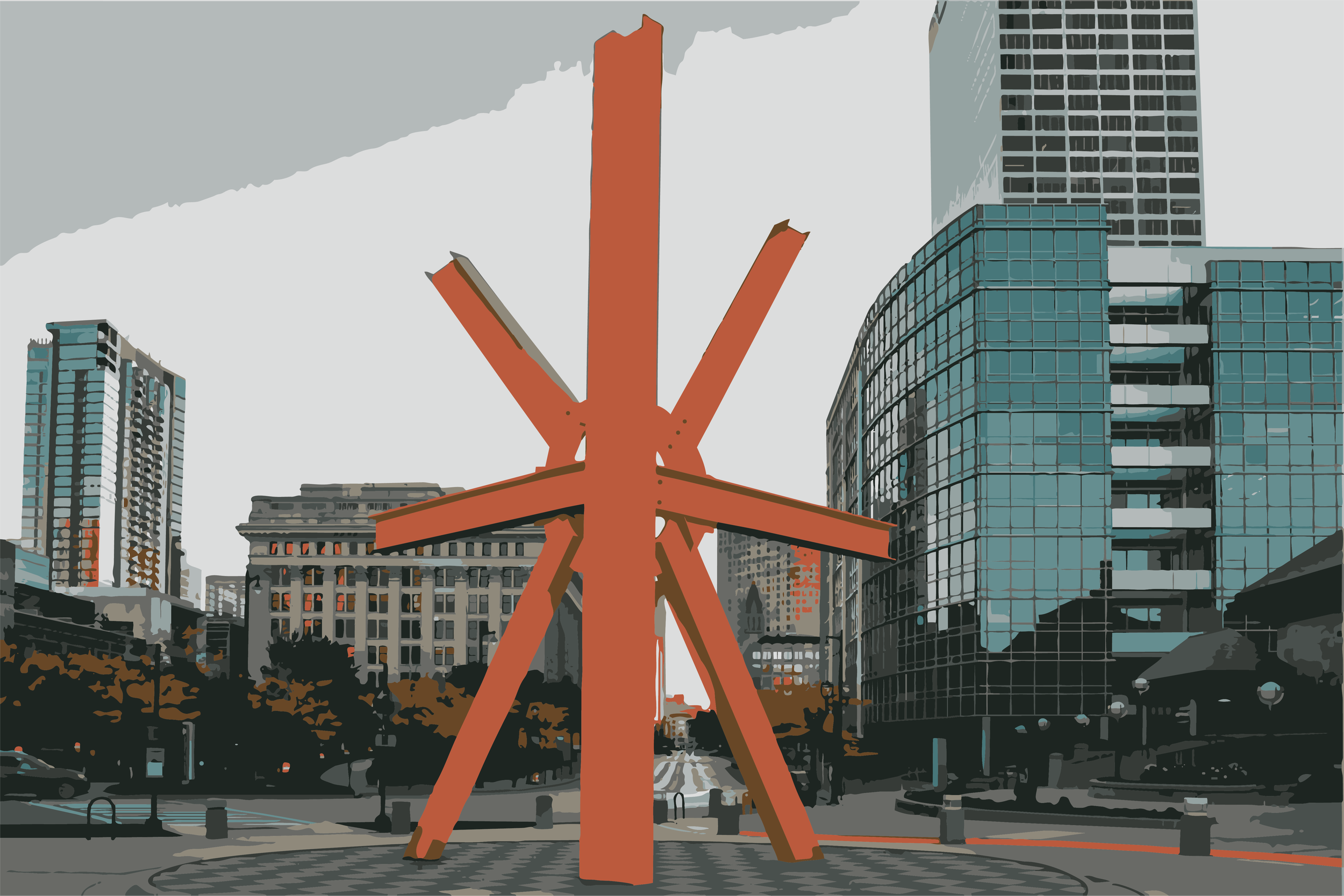 Large orange abstract sculpture in an urban plaza surrounded by modern skyscrapers with reflective glass windows.