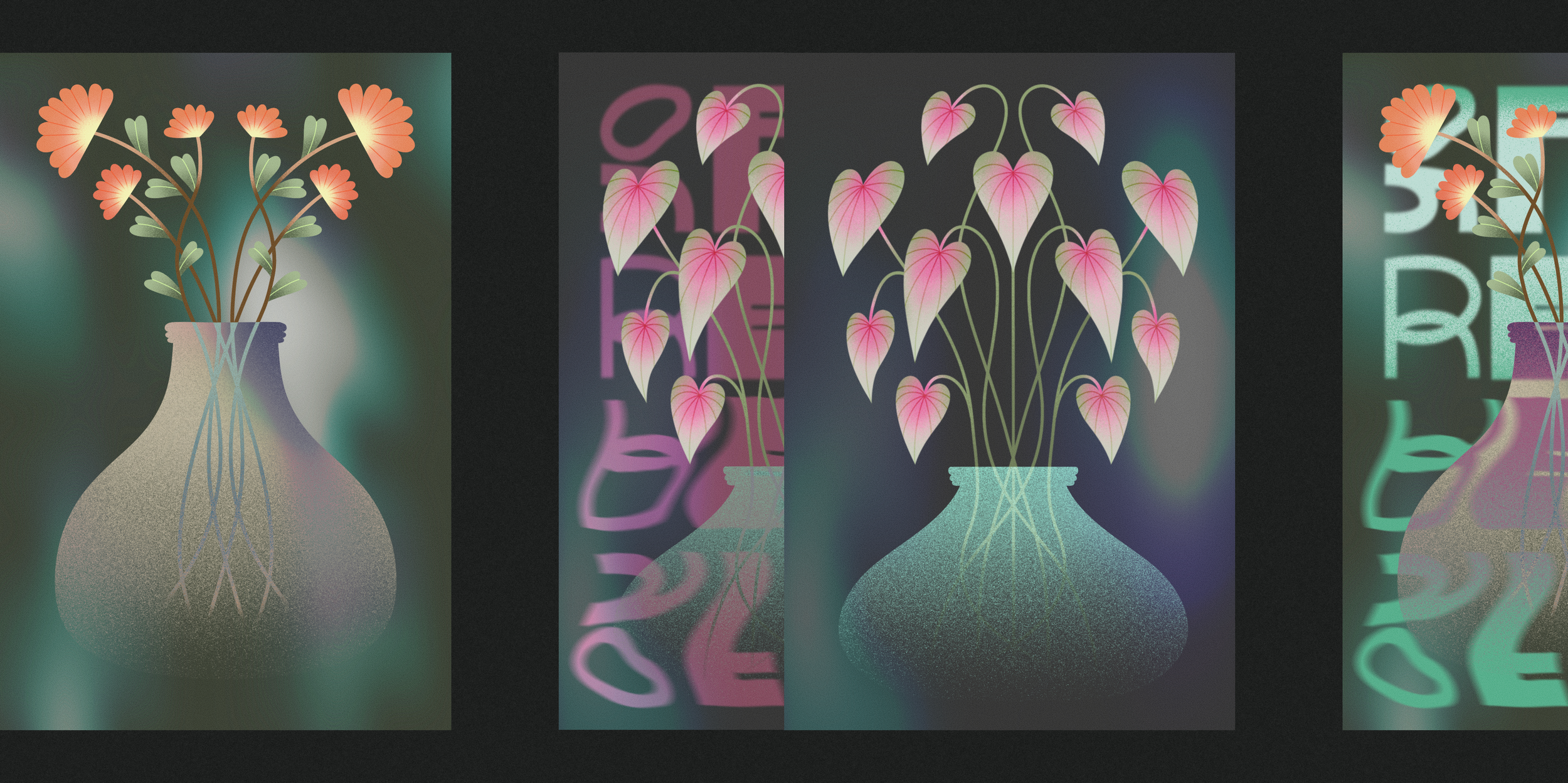 Ilustración digital de un florero con flores y hojas rosadas, con fondo negro y elementos de texto difusos en diferentes colores.