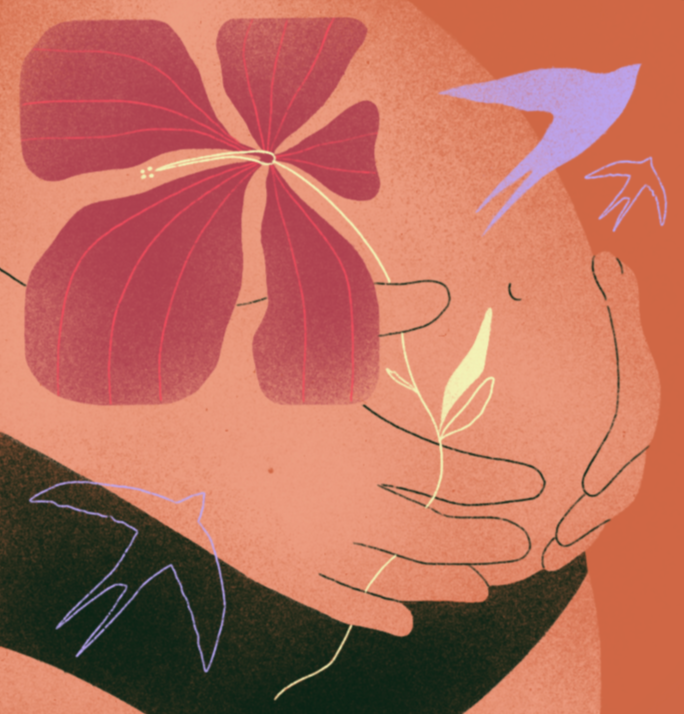 Ilustración de manos sosteniendo una flor grande y dos pequeñas en tonos cálidos y con líneas simples.