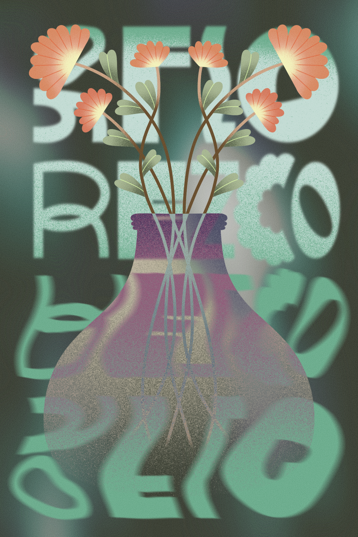 Ilustración abstracta con una vasija con flores y texto en fondo difuso