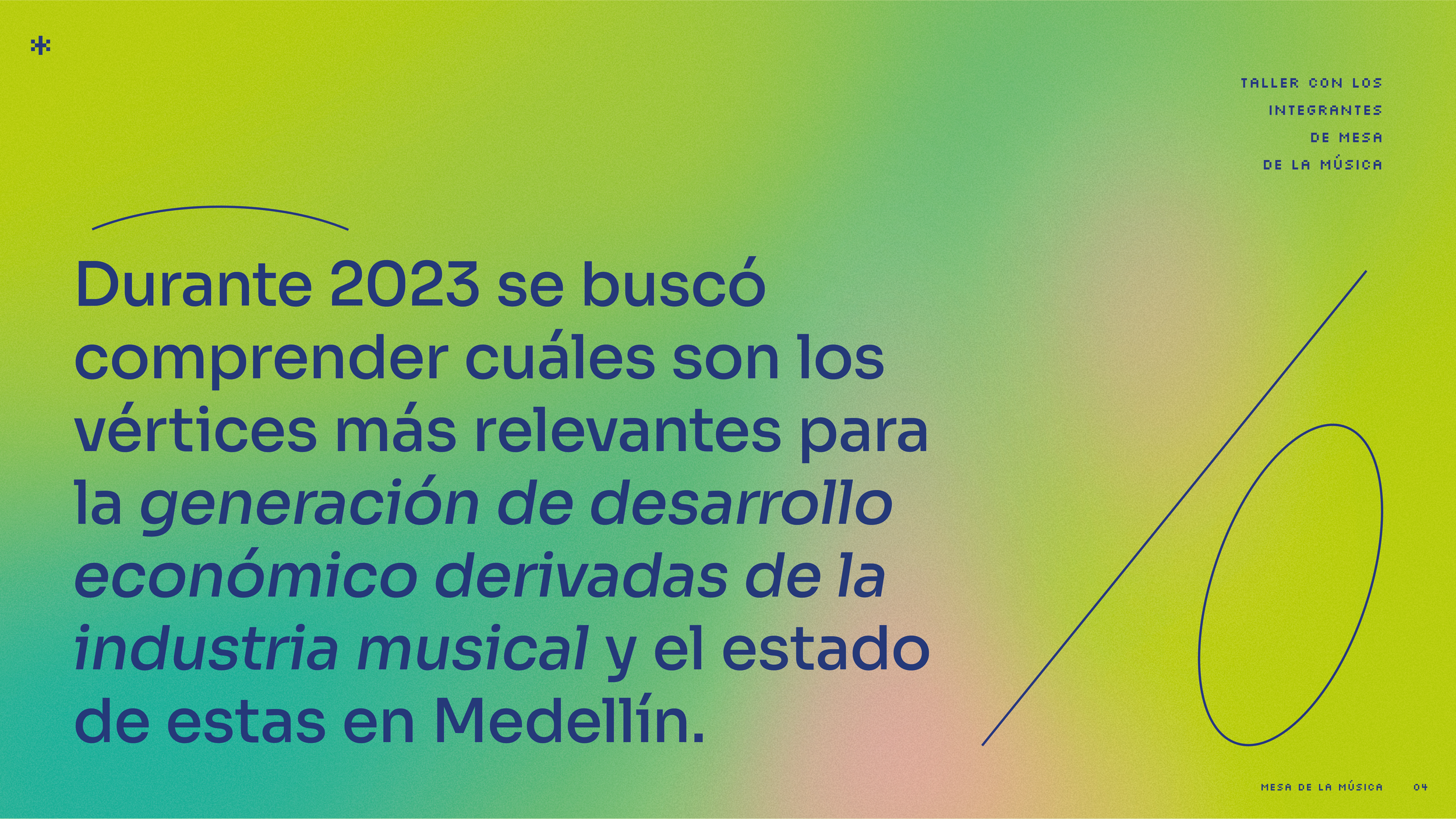 Texto en una presentación con fondo de color degradado que dice: 'Durante 2023 se buscó comprender cuáles son los vértices más relevantes para la generación de desarrollo económico derivadas de la industria musical y el estado de estas en Medellín'.