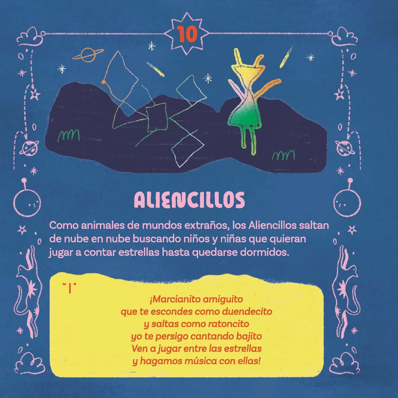 Ilustración de niños brincando en nubes en el espacio, rodeados de estrellas, planetas y figuras de fantasía, con texto sobre extraterrestres y un poema en fondo amarillo.