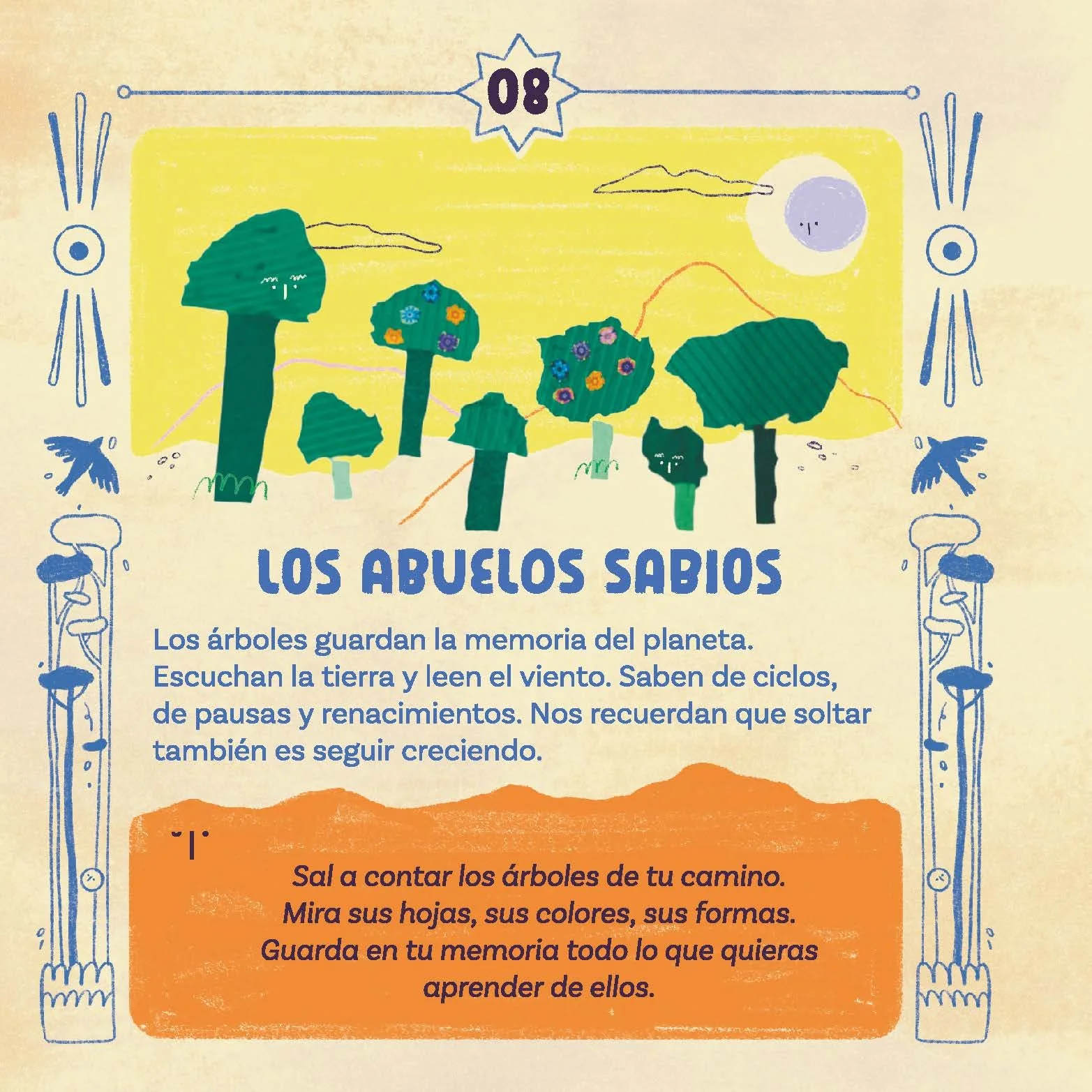 Ilustración de árboles y el sol con texto en español que habla sobre la sabiduría de los abuelos y la importancia de recordar y aprender de la naturaleza.