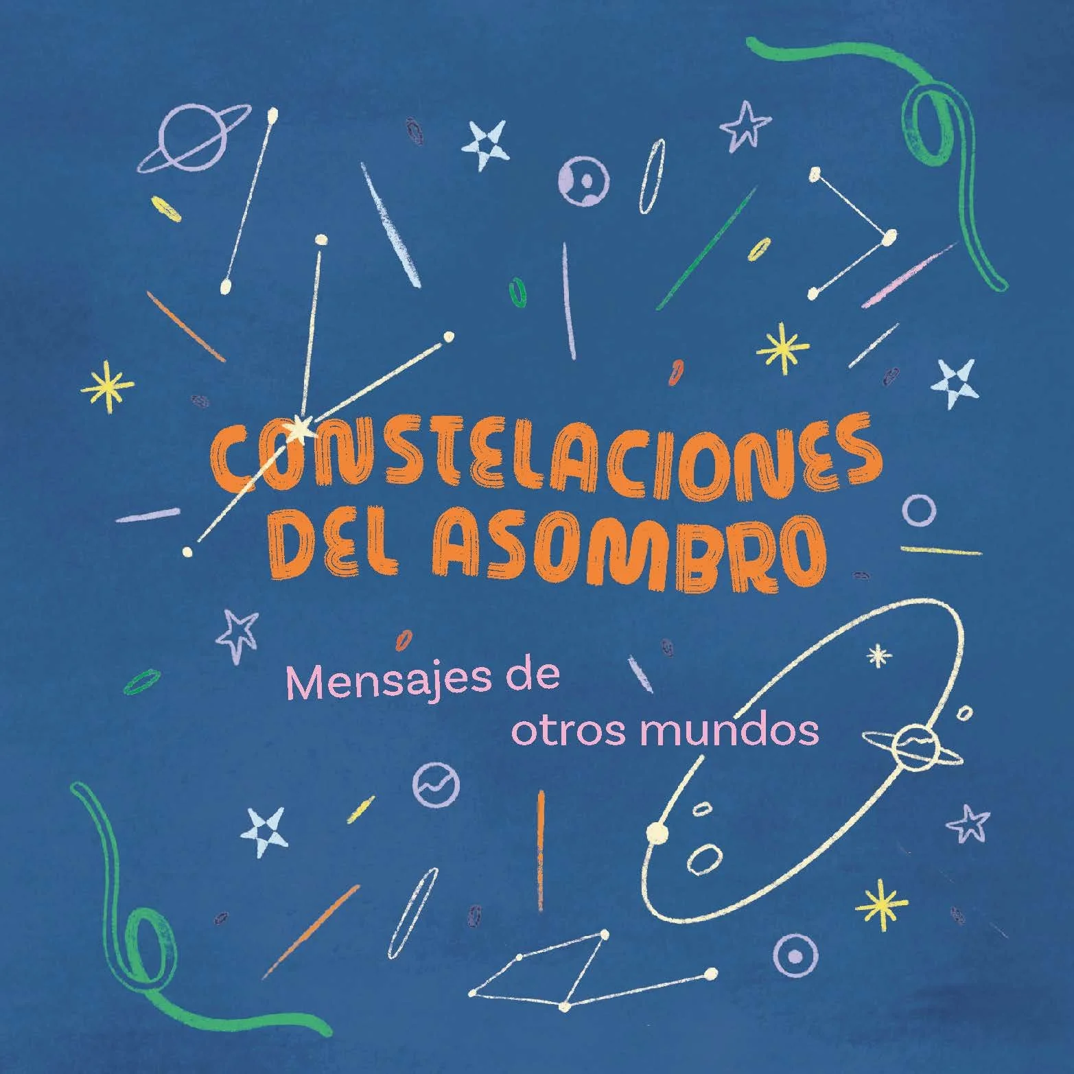 Portada de un libro titulado 'Constelaciones del Andrómeda', con dibujos de constelaciones y estrellas en un fondo azul.
