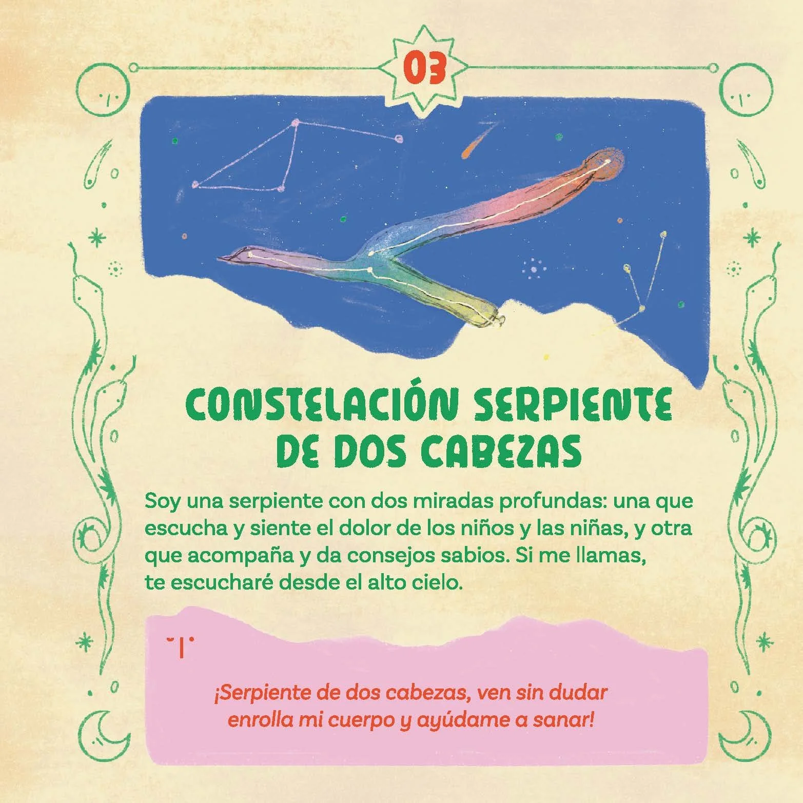 Ilustración de una constelación con forma de serpiente de dos cabezas en el cielo, con texto que explica las características y un poema que invita a la serpiente a ayudar a sanar.