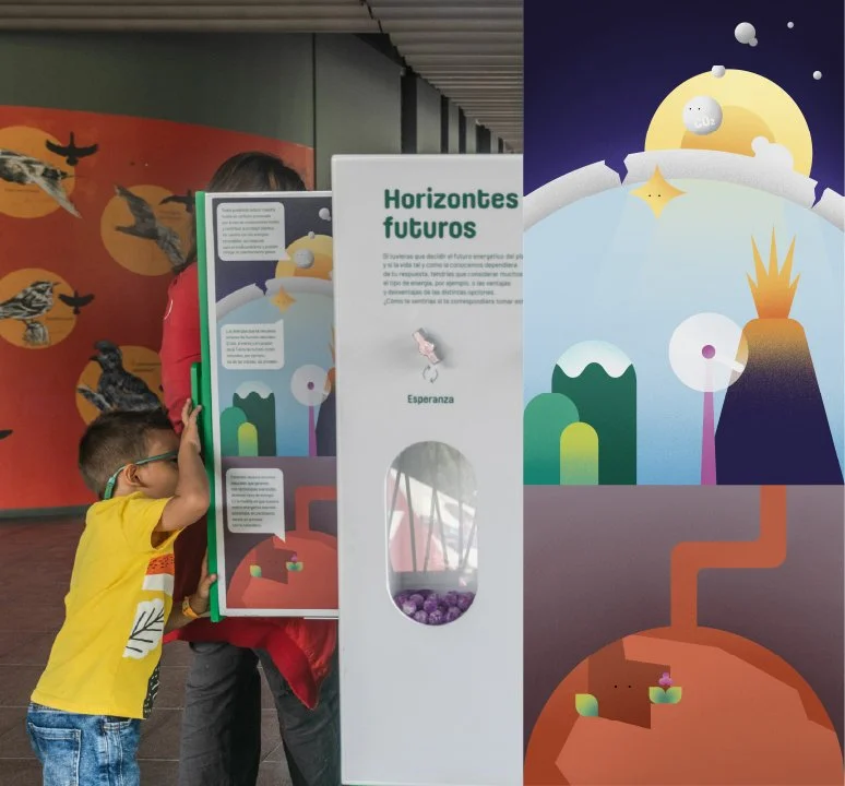 Niños interactuando con una exhibición educativa en un museo, con fondo de murales y gráficos de ciencia y naturaleza.