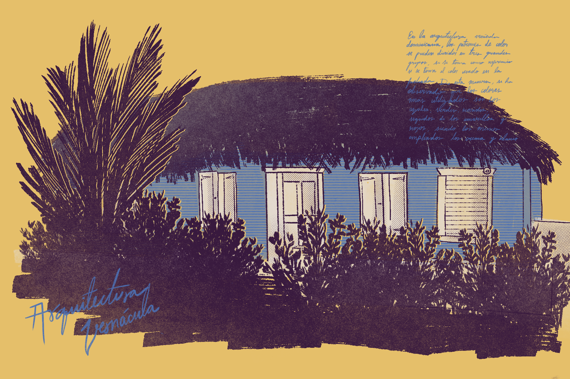 Casa de playa con paredes azules, ventanas con persianas cerradas, rodeada de vegetación y palmeras, con techo de paja.