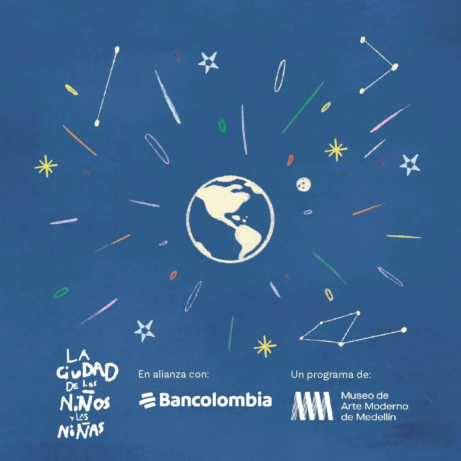 Ilustración del planeta Tierra rodeado de dibujos coloridos de estrellas, cometas y otros objetos celestes, sobre fondo azul. Texto en la parte inferior izquierdo: "La Ciudad de los Niños y las Niñas". En la parte inferior central: "En alianza con: B