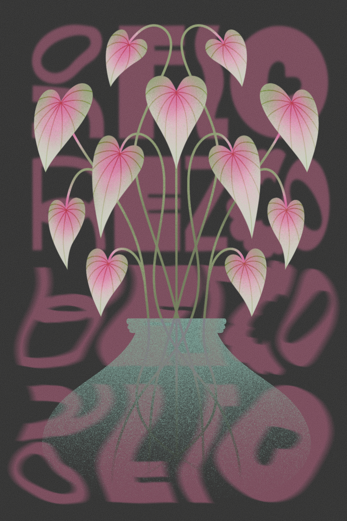 Un ramo de hojas de filodendro en un florero contra un fondo con letras en neón rosa.