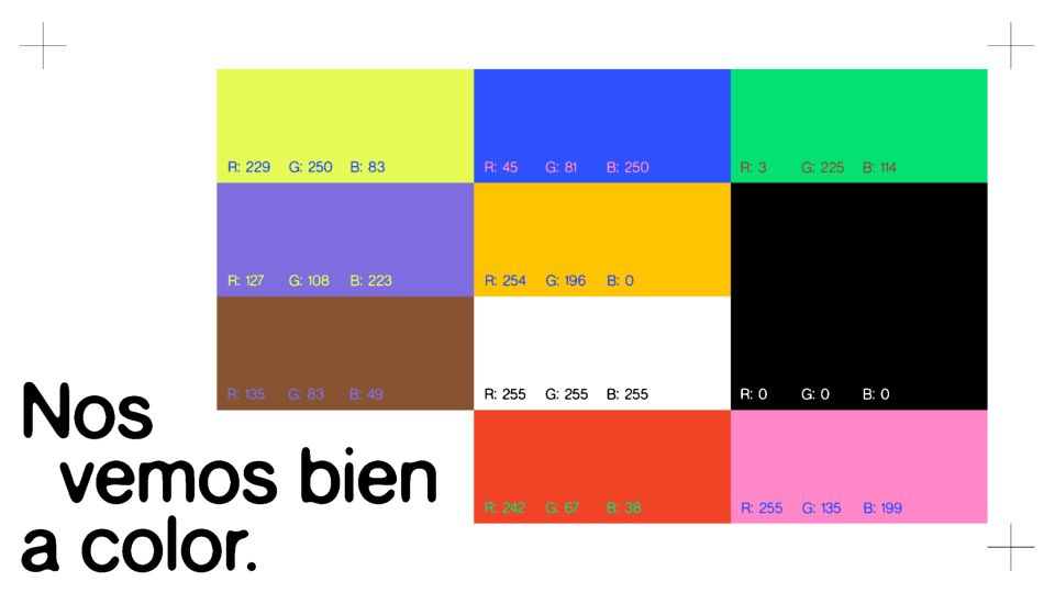 Muestra una paleta de colores con valores RGB, incluyendo colores como amarillo, azul, verde, morado, naranja, negro, marrón, rojo, rosa y blanco, junto con el texto en español 'Nos vemos bien a color.'