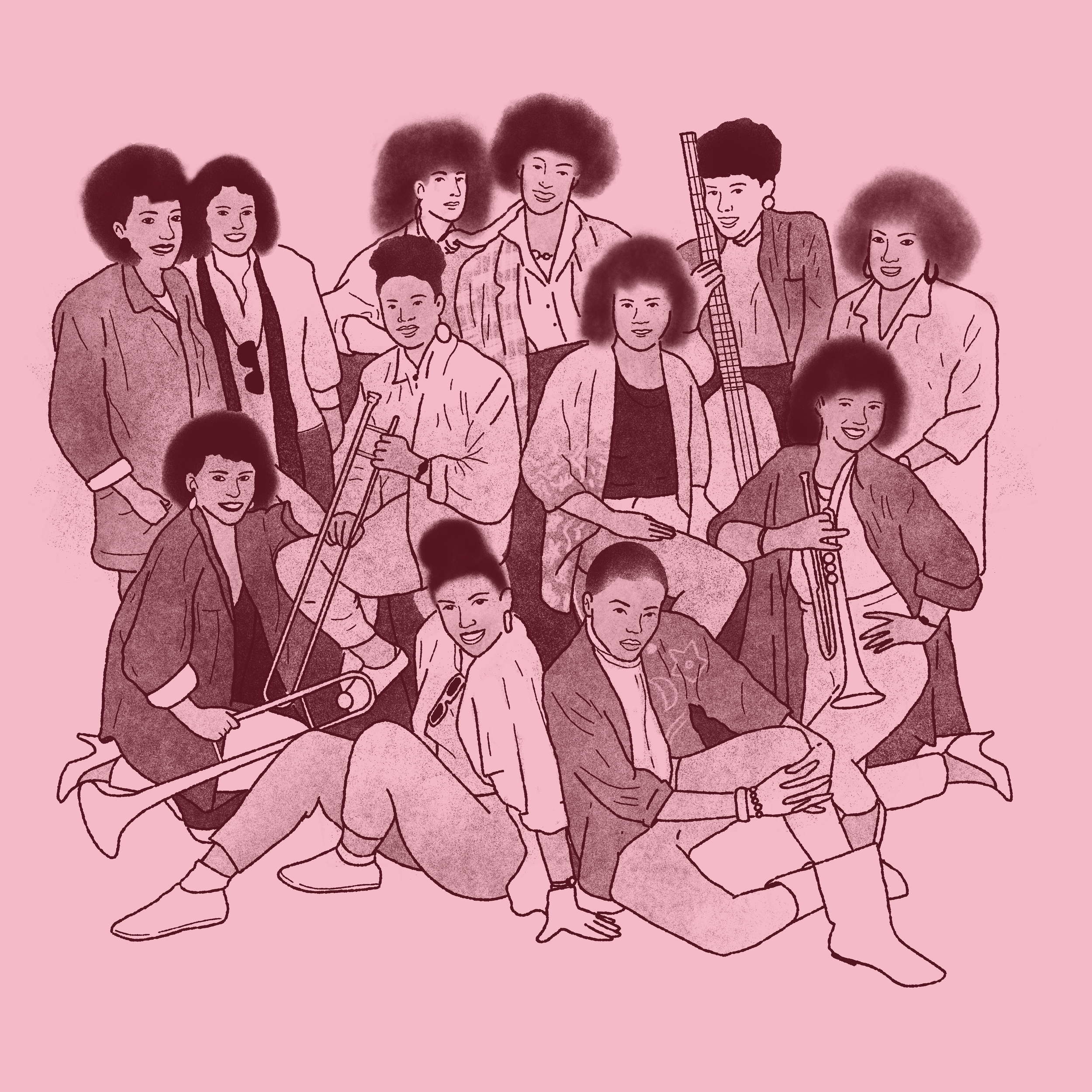 Ilustración de un grupo de mujeres con cabello rizado, tocando instrumentos musicales y posando juntas con fondo rosa.
