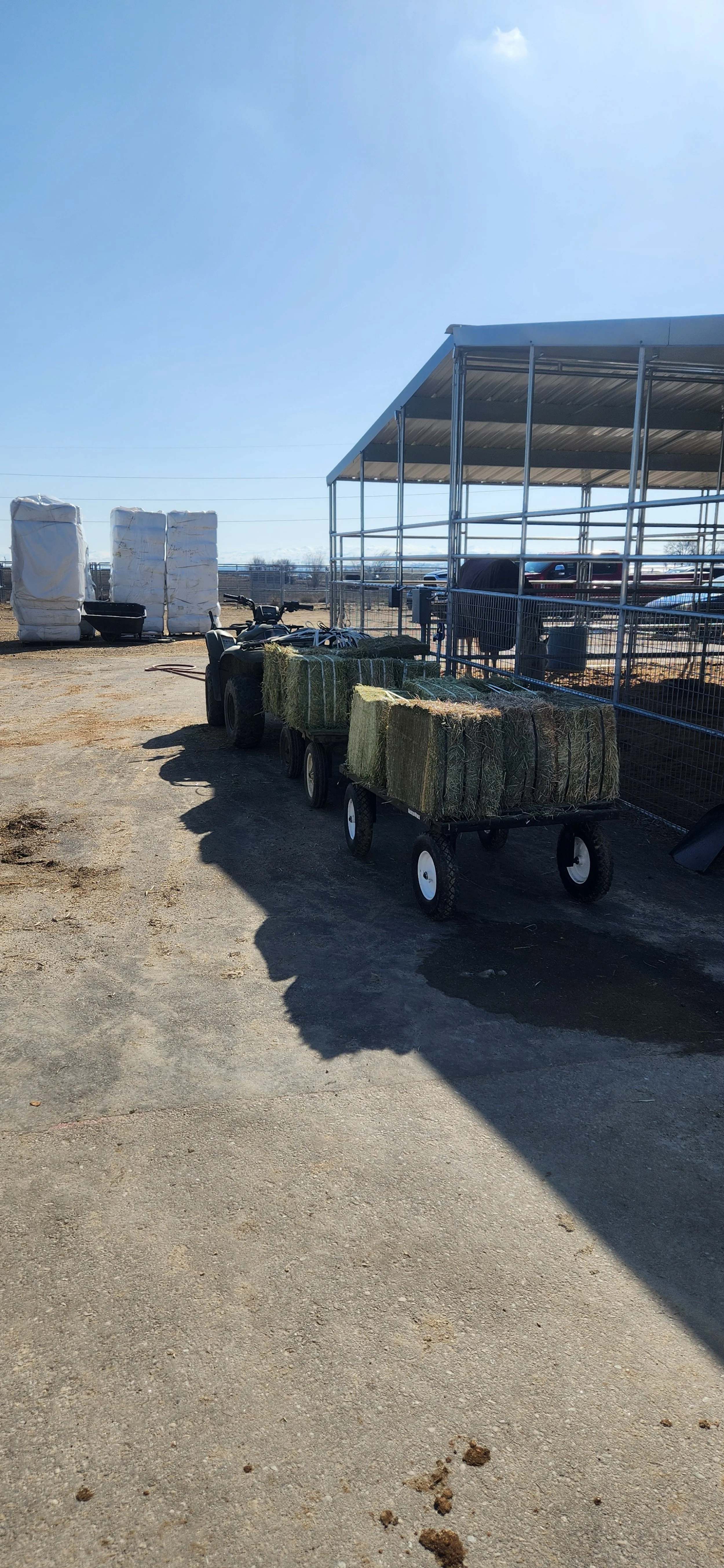 A farm scene with a wagon loaded with hay bales, a covered structure with fencing, and large wrapped hay bales in the background. The sky is blue with few clouds.
