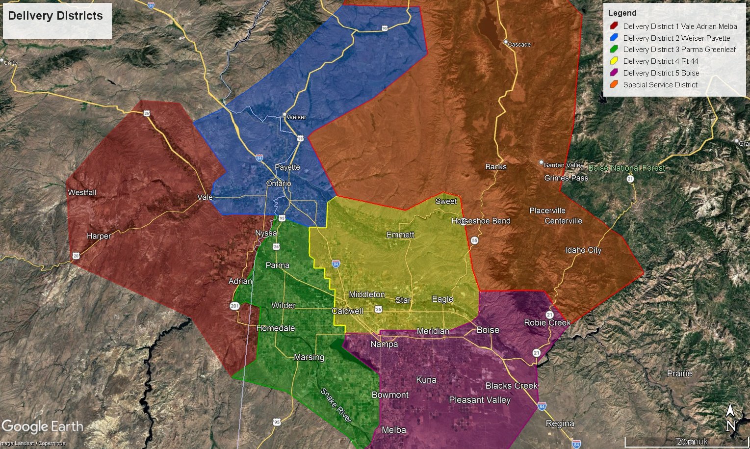 Map showing delivery districts in Boise, Idaho with color-coded boundaries: District 1 in red, District 2 in blue, District 3 in green, District 4 in yellow, District 5 in purple, and a special service district in orange. City names and roads are also visible.