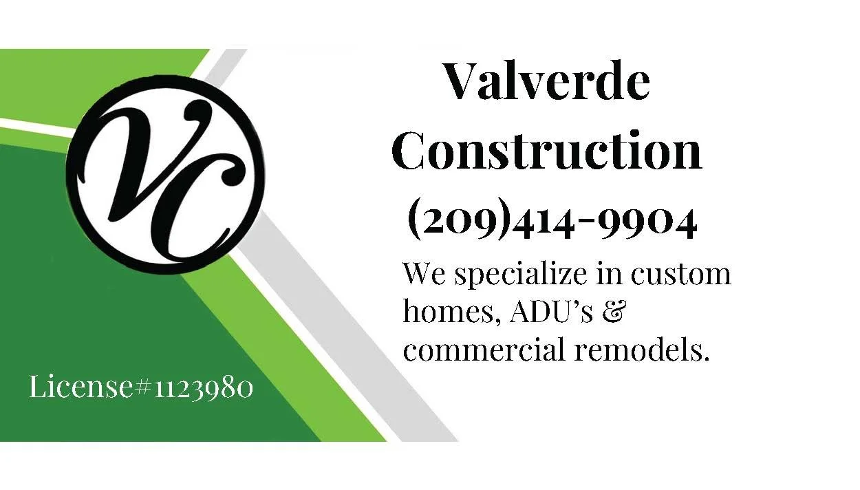 Business card for Valverde Construction, featuring a green and white geometric design, a black and white logo, and contact information including phone number and license number.