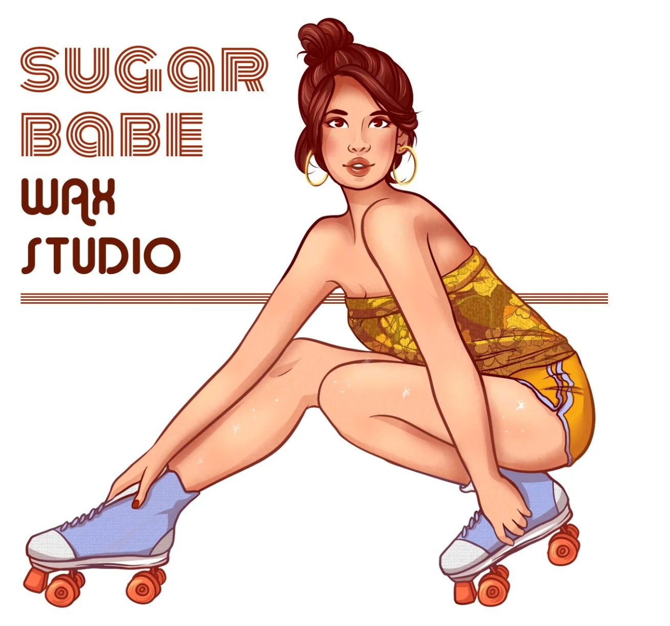 Illustration of a woman with brown hair on roller skates, wearing a yellow patterned top and shorts, with text 'Sugar Babe Wax Studio' in stylized font.