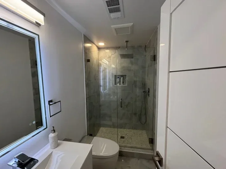 Modern bathroom with a walk-in shower, toilet, and a large mirror above the sink.