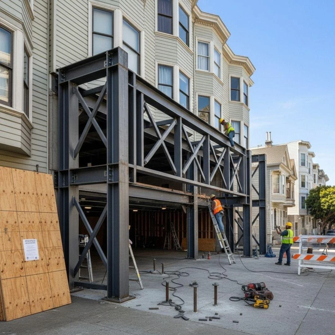 Construction workers in safety gear working on the steel framework of a building extension in an urban neighborhood.