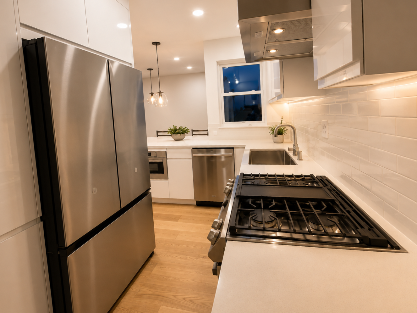 Modern kitchen with stainless steel refrigerator, white cabinetry, white countertops, gas stove, stainless steel sink, dishwasher, and a window with a view outside at night.
