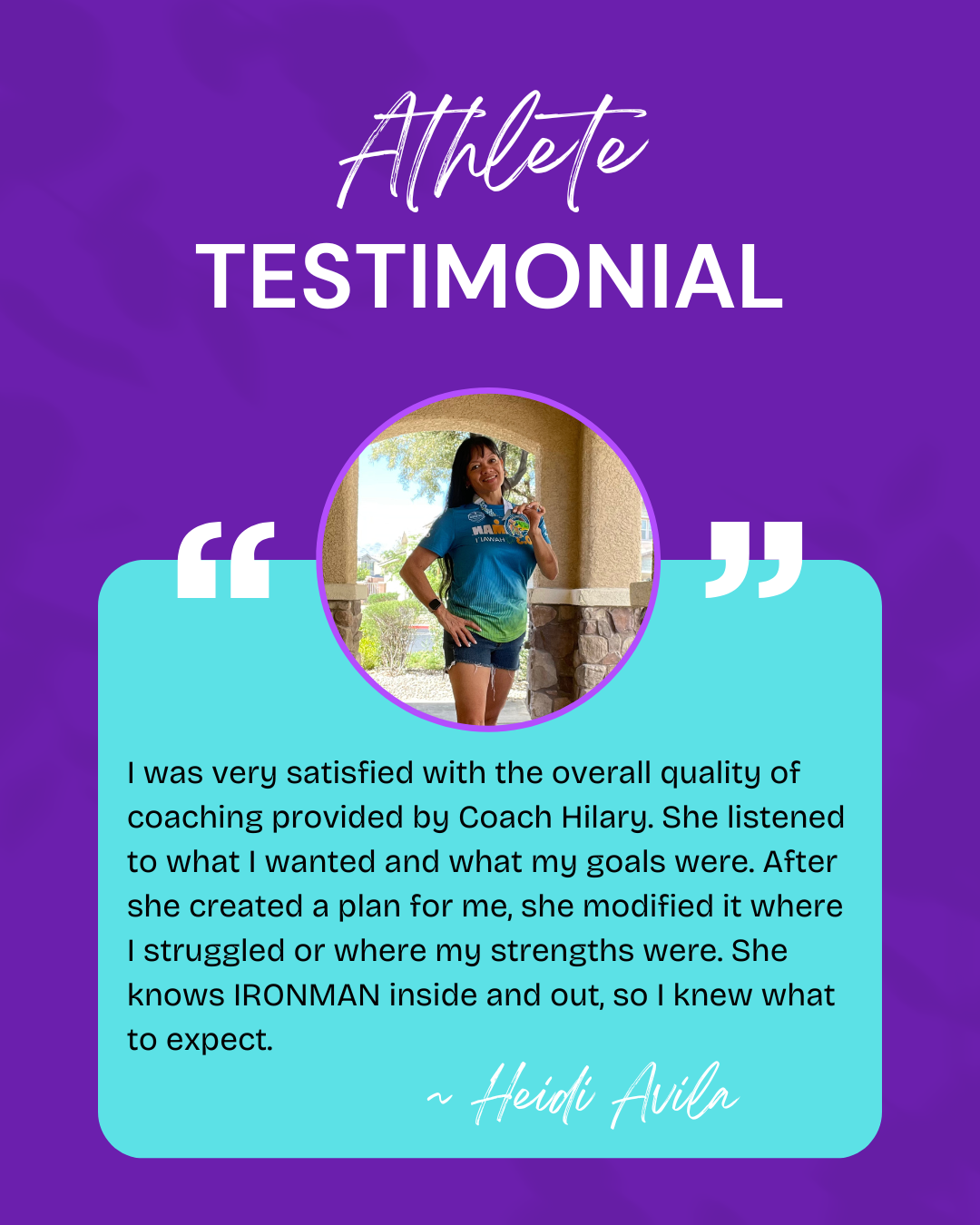 An athlete testimonial graphic featuring a woman holding a medal, wearing a blue sports shirt, standing outdoors near a stone archway, with a purple background and a quote about coaching satisfaction.