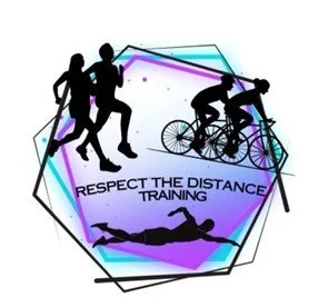 Silhouettes of three people running, one person cycling, and a person lying on the ground. Text reads 'Respect the Distance Training'.