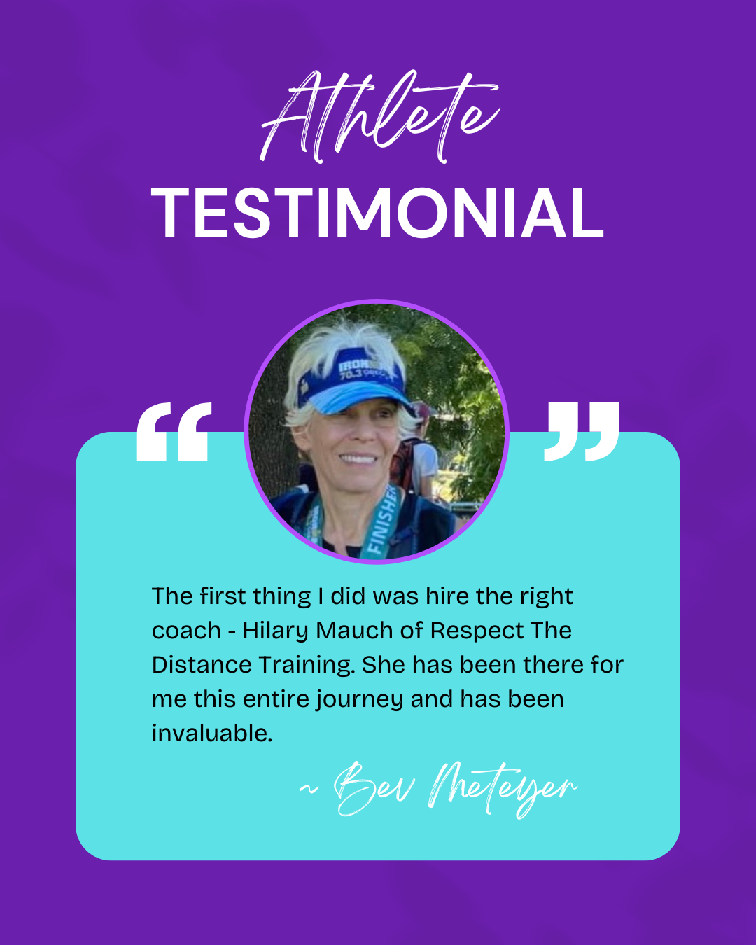 Testimonial graphic with a woman's photo, purple background, and blue speech bubble containing her quote about her coach.