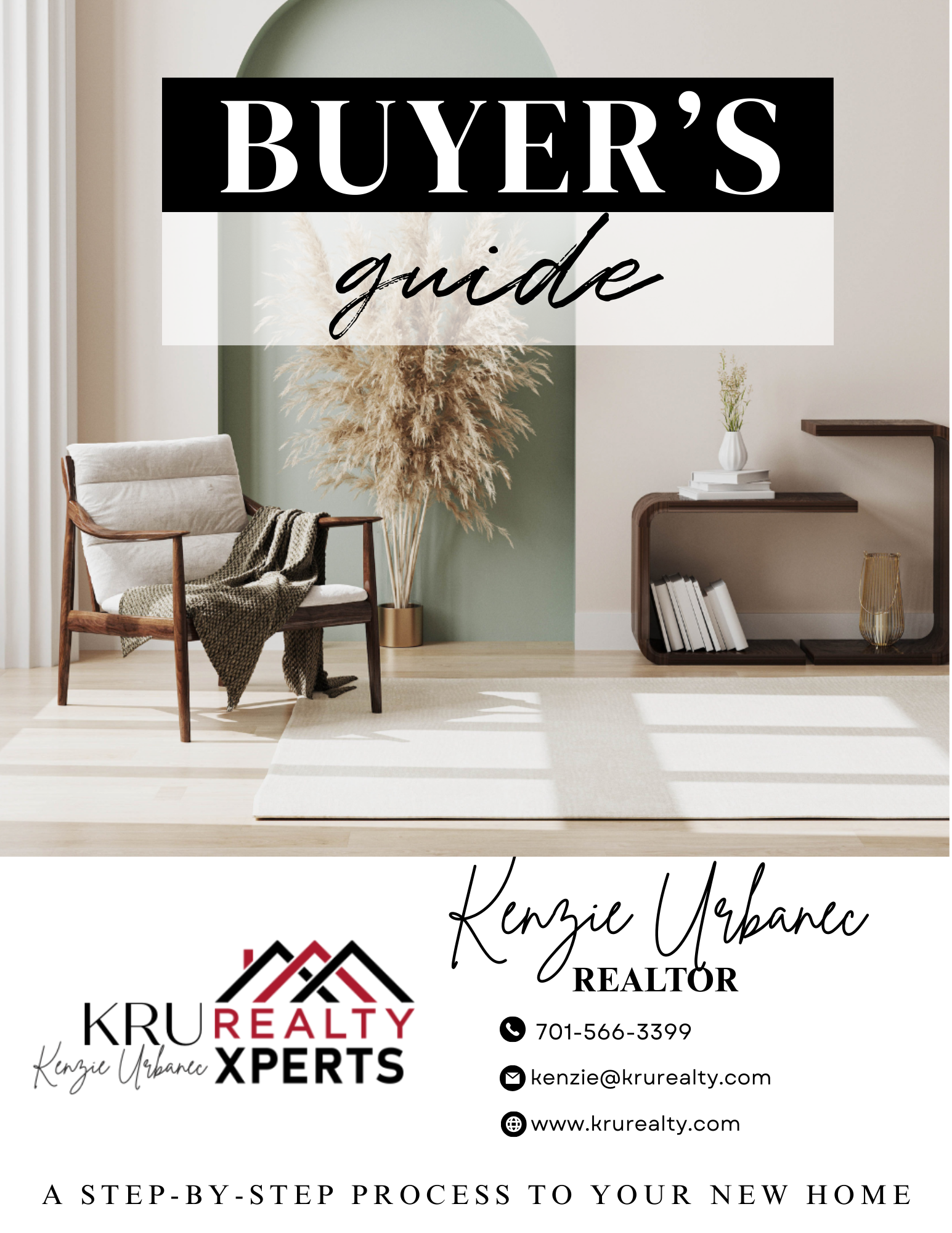 Cover of a buyer's guide brochure featuring a modern minimalistic living room with a beige armchair, a large ornamental plant, and a wall shelf with books and decor items. Overlaid text reads 'Buyer's Guide' and includes contact information for a realtor.