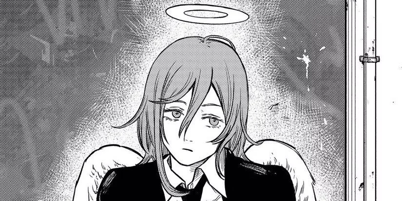 A black and white manga illustration of Chainsaw Man's Angel Devil, sitting in an armchair, with a halo above his head and angel wings behind him.