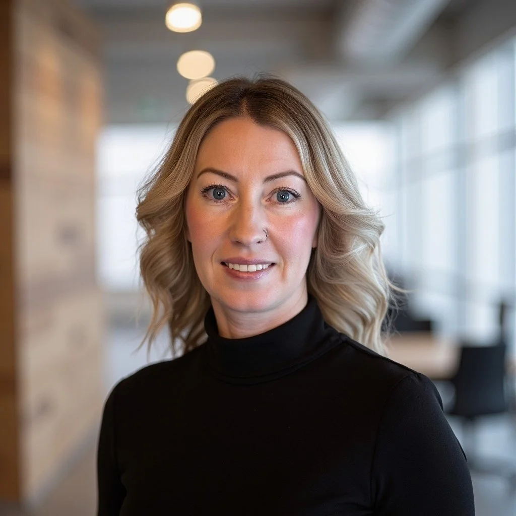 A woman with shoulder-length blonde hair, blue eyes, and fair skin, wearing a black turtleneck, standing in a modern office environment with large windows and blurred background.